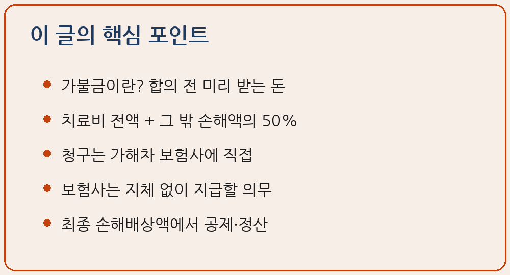 교통사고 가불금 합의 전 치료비 선지급 자동차손해배상 보장법 제11조 시행령 제10조 자동차보험진료수가 전액 그 밖의 손해액 100분의 50 대인접수 보험회사 직접청구 지체없이 지급 제41조 청구권 시효 3년 최종 손해배상액 공제 정산 정부보장사업 제30조 이 글의 핵심 포인트 요약 이미지