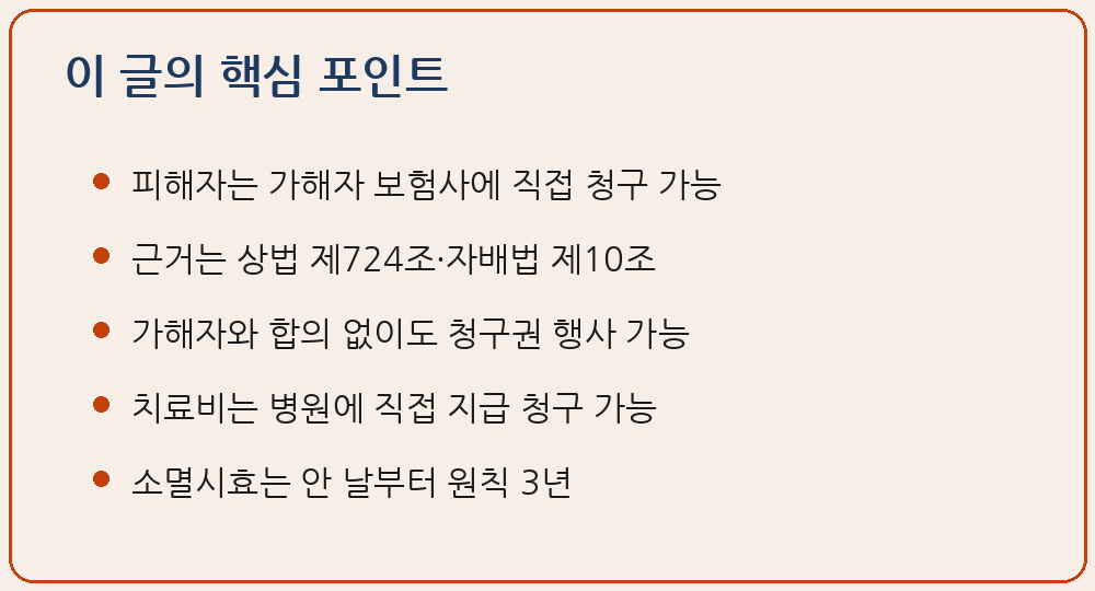 교통사고 피해자 직접청구권 가해자 보험사 손해배상금 직접 청구 상법 제724조 제2항 자동차손해배상 보장법 제10조 병존적 채무인수 합의 없이 청구 과실상계 항변 진료수가 의료기관 직접 지급 소멸시효 3년 가불금 정부 보장사업 손해사정 분쟁조정 이 글의 핵심 포인트 요약 이미지