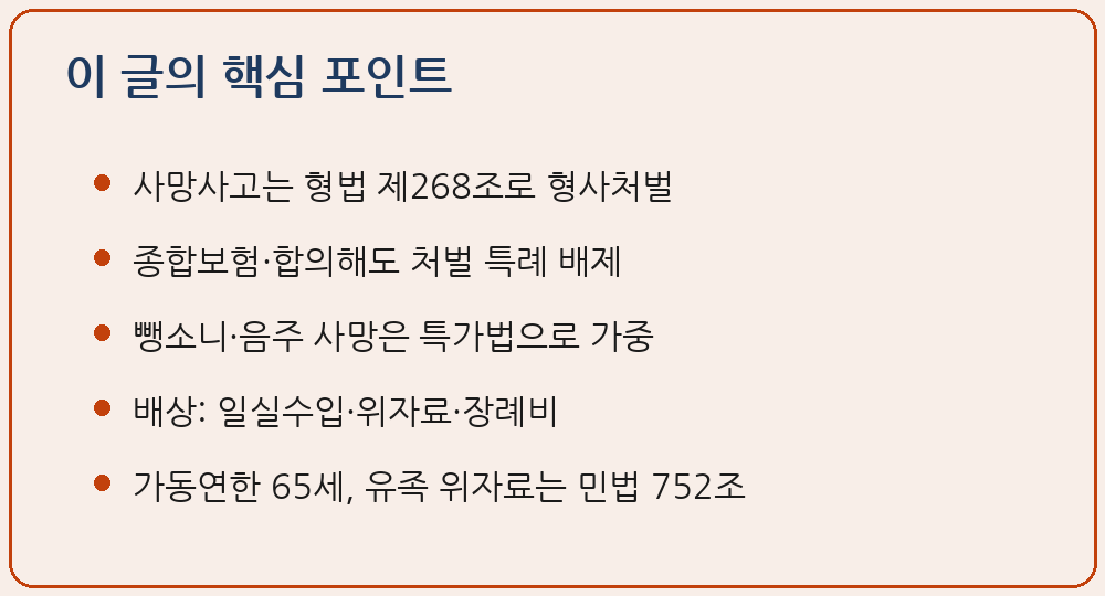 교통사고 사망사고 형사처벌 손해배상 교통사고처리 특례법 제3조 업무상과실치사 형법 제268조 5년 이하 금고 종합보험 반의사불벌 특례 배제 특정범죄 가중처벌법 제5조의3 도주차량 뺑소니 무기 또는 5년 이상 제5조의11 위험운전치사 음주운전 일실수입 가동연한 65세 대법원 2018다248909 전원합의체 생계비 공제 위자료 민법 제752조 직계존속 직계비속 배우자 장례비 상속 자동차손해배상 보장법 제3조 운행자책임 이 글의 핵심 포인트 요약 이미지