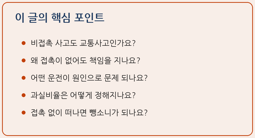 비접촉 사고 차가 안 닿아도 과실 접촉 없는 유도 사고 상당인과관계 도로교통법 제19조 안전거리 제3항 진로변경 방해 금지 제4항 급제동 금지 제54조 사고 조치 특정범죄 가중처벌법 제5조의3 도주치상 뺑소니 과실비율 이 글의 핵심 포인트 요약 이미지