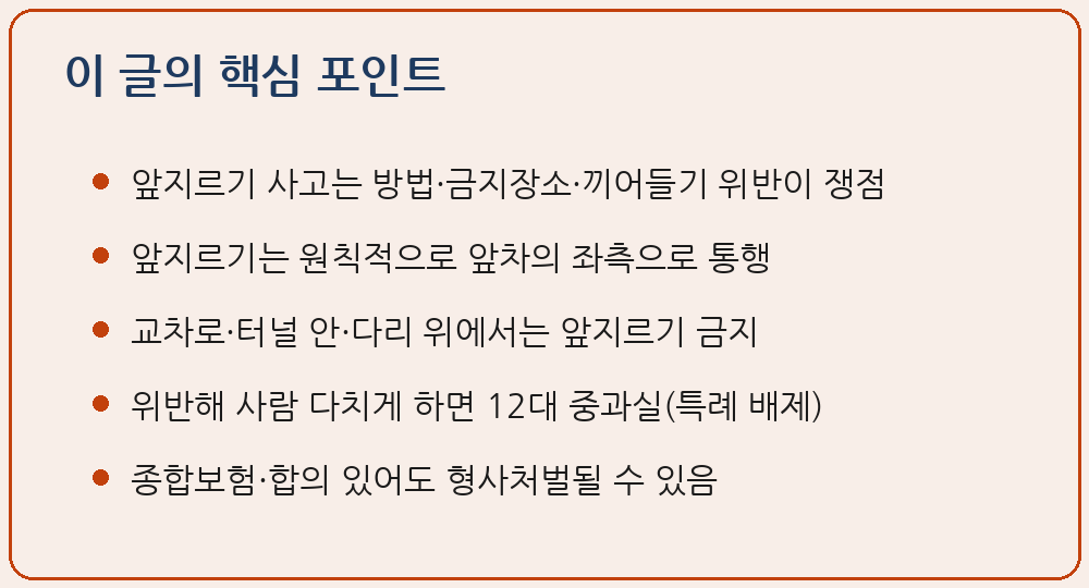 앞지르기 사고 도로교통법 제21조 앞지르기 방법 좌측 통행 제22조 금지 시기 장소 교차로 터널 다리 위 제23조 끼어들기 금지 교통사고처리 특례법 제3조제2항 단서 제4호 12대 중과실 종합보험 합의 무관 형사처벌 과실비율 이 글의 핵심 포인트 요약 이미지