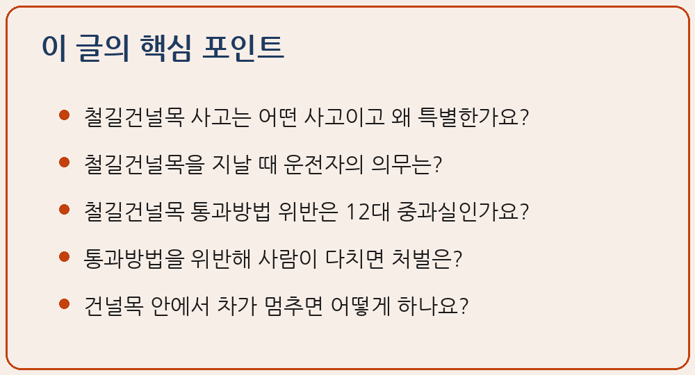 철길건널목 사고 도로교통법 제24조 철길 건널목의 통과 제1항 일시정지 안전확인 제2항 차단기 경보기 진입금지 제3항 고장 시 승객 대피 신고 교통사고처리 특례법 제3조제2항 단서 제5호 12대 중과실 종합보험 합의 무관 형사처벌 과실비율 이 글의 핵심 포인트 요약 이미지