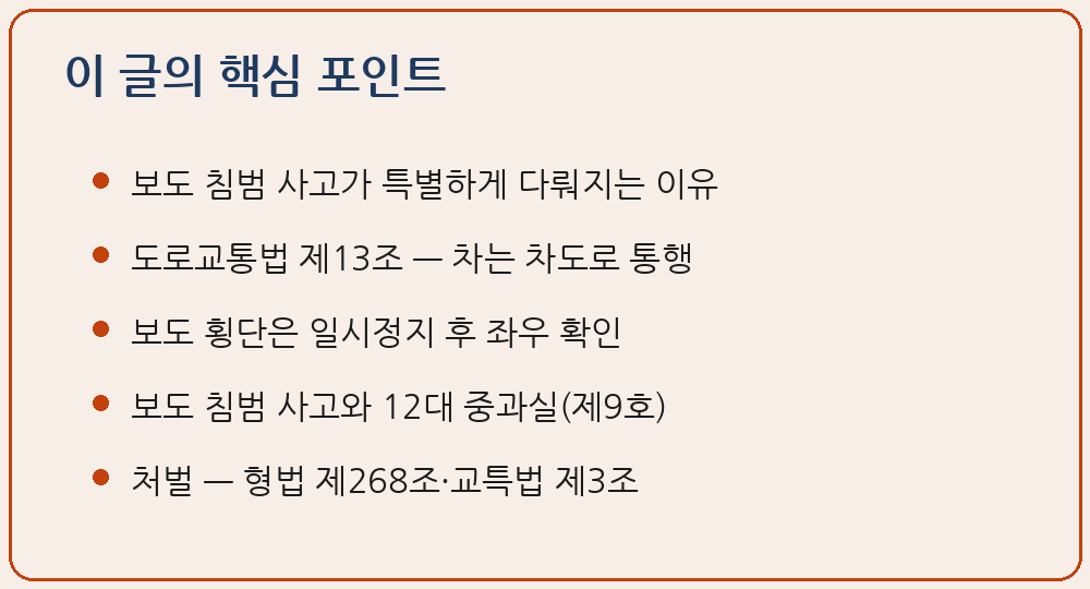 보도 침범 인도 돌진 사고 도로교통법 제13조제1항 차도 통행 의무 제13조제2항 보도 횡단방법 일시정지 좌우 확인 교통사고처리 특례법 제3조제2항 단서 제9호 12대 중과실 종합보험 합의 무관 형사처벌 보행자 과실비율 이 글의 핵심 포인트 요약 이미지